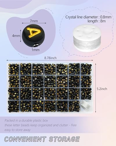 Looconi 1400pcs 4x7mm Black Letter Beads Round Acrylic with Gold Alphabet A-Z Heart Pattern Beads and Crystal Line for Jewelry Making (Black&Gold) - color: Black&Gold, size: 7x4mm