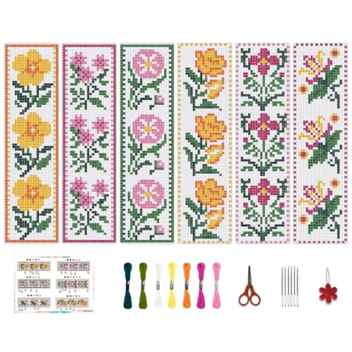 BEUNITONE Cross Stitch Bookmark Kit 6 Pcs Flower DIY Bookmarks Cross Stitch Kits for Adults Beginners with Instructions Cute Pre-Sorted Floss Cross-Stitch Stamped Embroidery Kit for Gifts 8''x2.4'' - style: Trivia Flowers