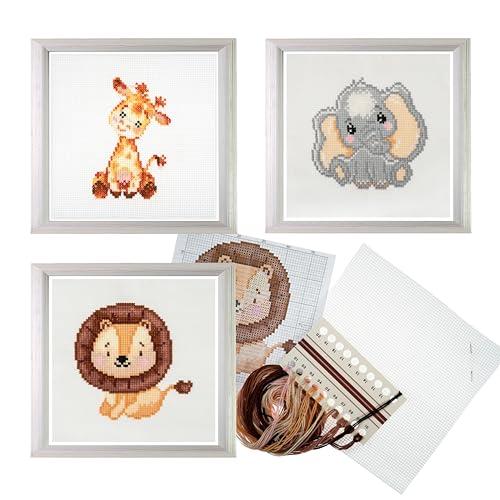 Trimits 3PK Cross Stitch Bundle – Counted Embroidery Kit, Beginner & All Level Starter Set, Complete with Instructions & Thread Children Wall Home DIY Décor – 13x13cm – Giraffe, Elephant, Lion - style: Giraffe, Elephant, Lion
