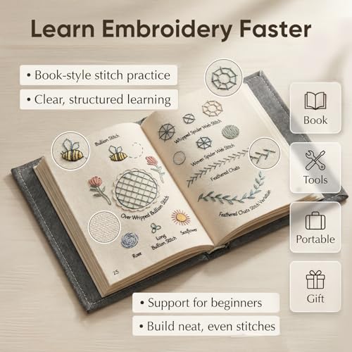 Kranla Embroidery Stitch Book Kit DIY, All in One Sewing kit, All Scenario Sampler for Beginners, Embroidery Practice Pattern with 106 Stitches Sewing Set, Portable Cross Stitch Book