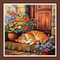 Dimensean Counted Cross Stitch Kit for Beginners, 11CT Unprinted Cross-Stitch Kit Easy Patterns Needlepoint Kit Cross Stitching Embroidery Kit Supplies-Sleeping cat in Front of Door 18x18 inch - color: Patterns15