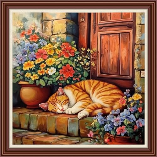 Dimensean Counted Cross Stitch Kit for Beginners, 11CT Unprinted Cross-Stitch Kit Easy Patterns Needlepoint Kit Cross Stitching Embroidery Kit Supplies-Sleeping cat in Front of Door 18x18 inch - color: Patterns15
