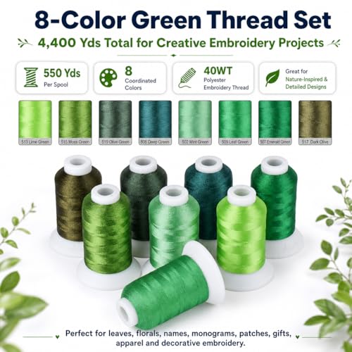 Simthread 8 Shades 550Yds Each 40WT Polyester Embroidery Thread Green Set - color: 550YGreenBrother