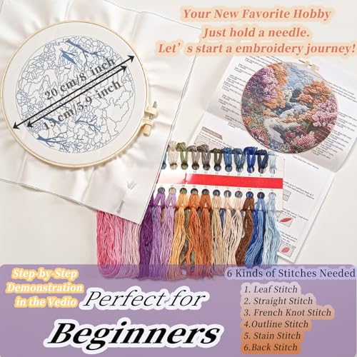 FONNUY Embroidery Kit for Beginners, Boho Nature Landscape Pre-Stamped Pattern Kits for Adults with Hoop, Easy to Follow Color Thread Needlework, 8'' Hoop (Late Spring) - color: Late Spring