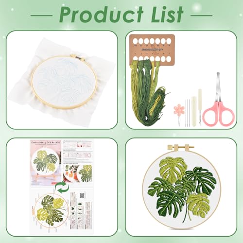 ERKOON Embroidery Kit for Beginners Adult, Cross Stitch Set Include Embroidery Cloth Hoop Threads for Craft Lover Hand Stitch with Embroidery Skill Techniques (Leaf) - color: Leaf