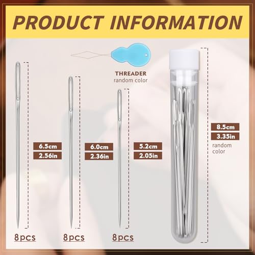 24 PCS Large Eye Sewing Needles, 3 Size Leather Embroidery Sharp Needle - size: 2.05,2.36,2.56in,24pcs