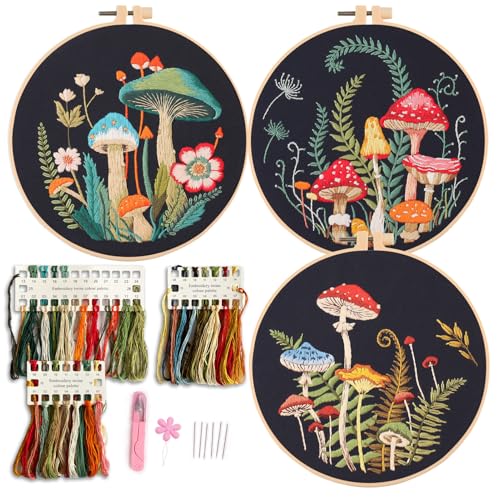 Myfelicity Embroidery Kit with Mushroom Patterns, 3 Hoops, Fabric, Threads, Needles, Instructions (red) - color: red