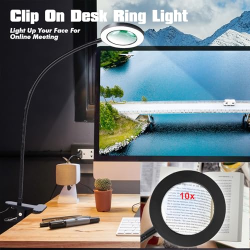 Magnifying Glasses with Light, 10x Clip on Desk Lamp with Magnifier