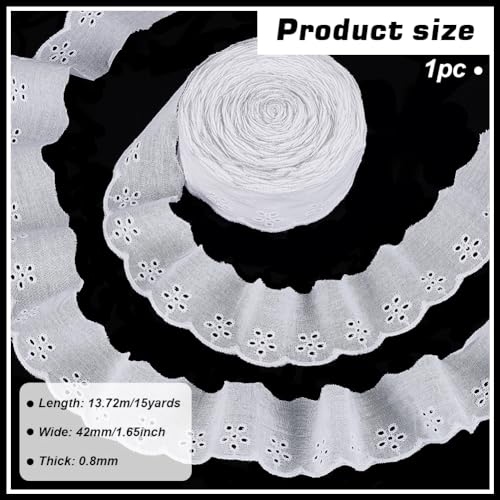 FINGERINSPIRE 15 Yards Cotton Lace Trim 1-5/8 inch White Cotton Eyelet Lace Ribbon Floral Embroidery Ruffle Trim Wavy Edge Floral Ribbon for Sewing Dresses Clothes Bag Pets Clothes - color: White