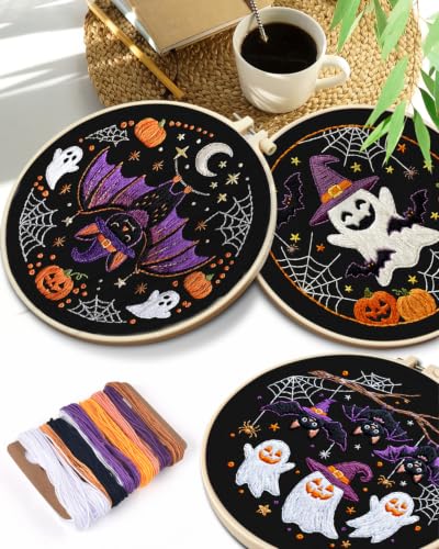 TINDTOP Halloween Embroidery Kit for Adult, 3 Pack Embroidery DIY Starter Kit, with Stamped Patterns, Hoop, Tools, Colorful Threads with Needles, Instructions - color: Halloween A