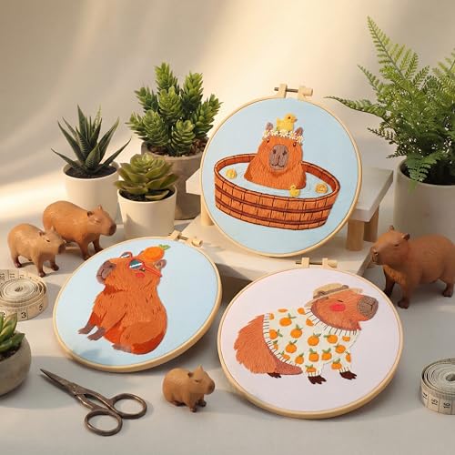 Mindsoft 3 Set Needlepoint Kit for Beginners with Hoop,Capybara - style: Capybara