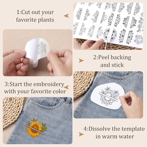Floral Water Soluble Embroidery Stabilizer - 4 Sheets Stick and Stitch Embroider Paper Wash Away 40 Pcs Embroidery Transfer Paper with Pre-Printed Flower Leaves Designsfor Hand Sewing Lovers - size: Pattern: Flower (Style 2)