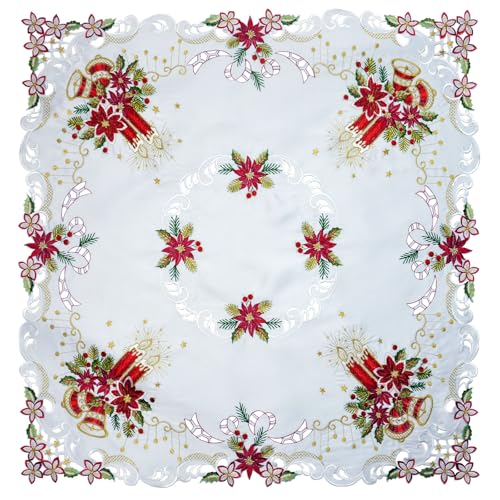 Grelucgo Holiday Tablecloth, White with Red Poinsettia Embroidered Design, Scalloped Edge, Christmas Dining Table Decor (Square 34x34 Inches) - size: 34" x 34" (Square)