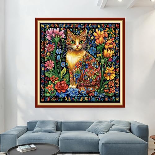 Magxvouy Cross Stitch Kits Stamped Full Range of Embroidery Kits,Cross Stitch Patterns Needlework Kits for Beginners 11CT Printed Kits&Colorful Flower Cat 18x18 inch - color: Artcolor01