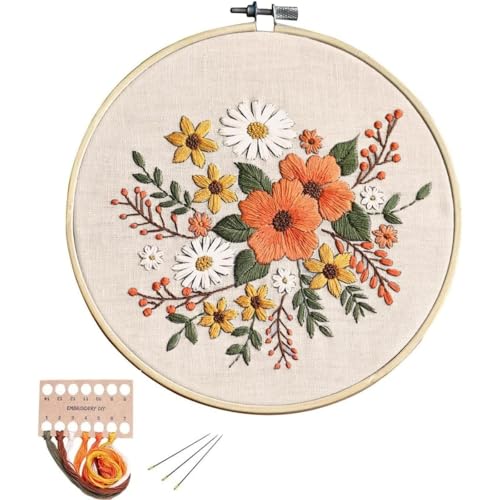 Arte Vita Embroidery Starter Kit Orange Flower Pattern Full Range DIY for Beginners - color: White-Orange