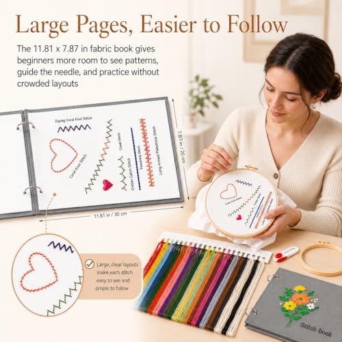 Homoyoyo Embroidery Stitch Book Kit for Adult Beginners, Learn 38 Stitches with 13 Large Loose Leaf Fabric Practice Pages, 2 Hoops, 24 Color Threads, Needles, Scissors and Instruction Manual