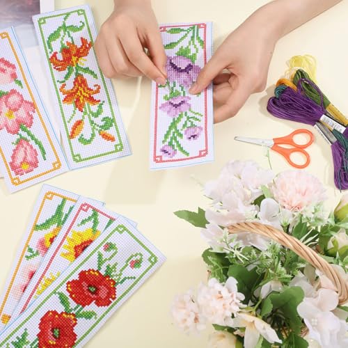 ORIGACH 6 Set Flowers Cross Stitch Bookmark Kit for Beginner - style: Flowers