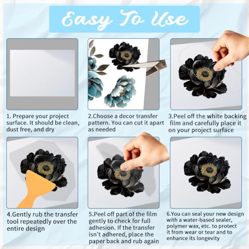 3 Sheets Vintage Cold Peony Rub on Transfers for Crafts, 12×6in - style: Blue and Black Peony