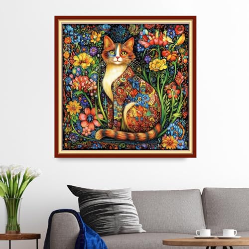 Funxvoot Stamped Cross Stitch Kits for Beginners or Adults Embroidery Starter Patterns | DIY Printed Cross Stitch Kits Needlepoint for Adults or Kids 11CT-Cat Flowers 18x18 inch - color: color08