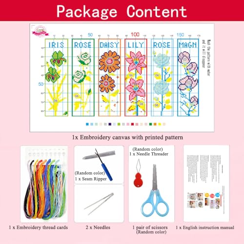 Zhenqing Floral Stamped Cross Stitch Bookmark Kit, 6 Iris Rose Daisy Lily Magnolia Designs for Adults and Beginners, Book Lover Gift - color: Floral Bookmark