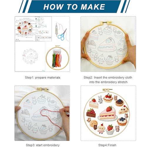 Zhenqing Strawberry Cake Embroidery Kit for Beginners, Pre-Printed 29x29cm Fabric with 20cm Hoop & Threads, Cute Dessert and Animal Design for Home Decor(C0176)