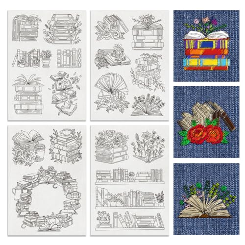 BENECREAT 4 Sheets 18PCS Stick and Stitch Embroidery Paper, Books and Flower Theme Stabilizer Water Soluble Hand Sewing for Carves, Shirts, Coats, Bags, Towels - color: Books and Flower