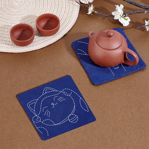 FREEBLOSS 4 Set Lucky Cat Sashiko Coasters Kit with Instructions Sashiko Kit for Beginners Water Soluble Embroidery Patterns Sashiko Practice Project Embroidery Coasters Kit for Housewarming Gift