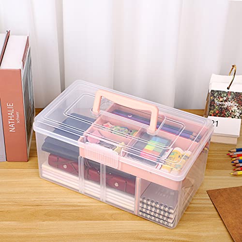 BTSKY 2 Layer Clear Plastic Dividing Storage Box with Removable Tray Multipurpose Stationery Storage Box with Handle Portable Sewing Boxes Art Craft Supply Organizer Home Utility Box(Big Pink) - color: Big Pink
