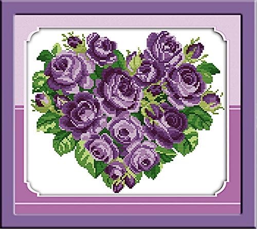 CaptainCrafts Cross Stitch Kits, Stamped Cross Stitch Preprinted Fabric Cross Stitching DIY Art DMC Needlecrafts Embroidery Kit for Adults (Preprinted 14CT, Rose Heart Purple) - color: Rose Heart Purple, style: Preprinted 14CT