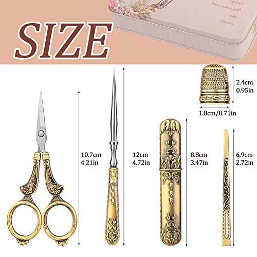 BUTUZE Embroidery Scissors Kit,European Antique Vintage Sewing Kit,Complete Vintage Sewing Tools with Embroidery Scissors,Original Case,Sewing Needle Case,Awl for Sewing,Craft,Needlework - color: Gold