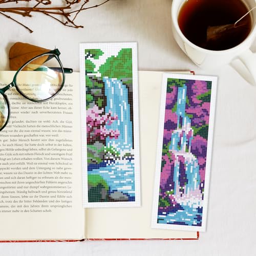 INFUNLY 6 Set Waterfall Cross Stitch Bookmark Kit Landscape DIY Embroidery Bookmarks for Readers 22x8cm/8.67x3.14 Handmade Cross Stitch Bookmarks with Thread Kit Gifts for Book Lovers Adults - style: Waterfall Landscape