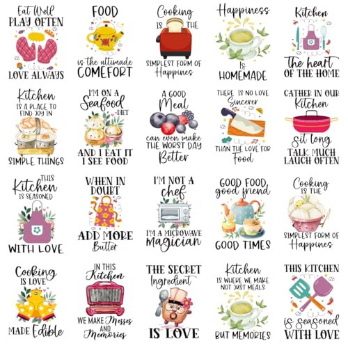 Dtf Transfers Ready to Press - 20Pcs Cute Funny Kitchen Quotes Iron on Transfers for Tshirts Kitchen Designs Iron on Decals Cooking Heat Transfer Vinyl Stickers for Clothing Pillows Bag DIY Crafts - color: Cute Kitchen