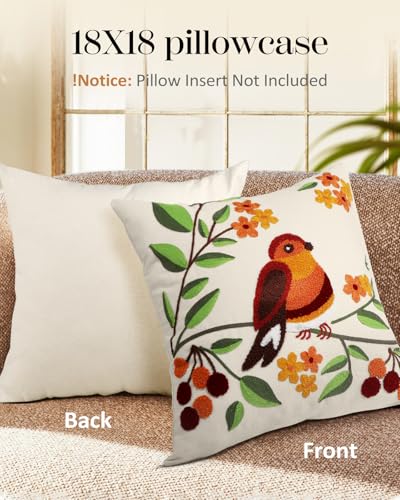 Embroidered Throw Pillow Cover, 18x18 Inch, Bird Branch - color: Tree Bird, size: 18" x 18" (Pack of 1)