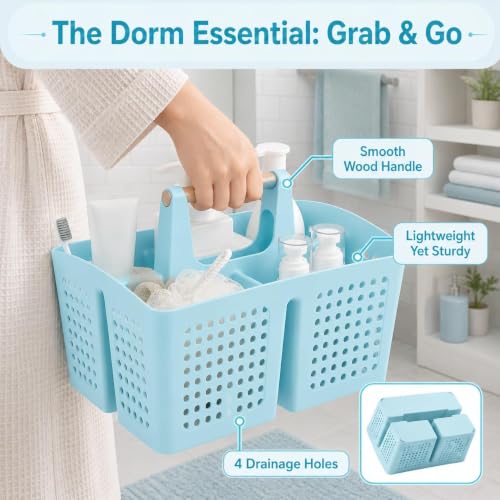 Portable Shower Caddy Basket with 3 Compartments and Handle, Light Blue - color: Light Blue