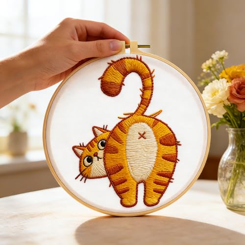 BEUNITONE 4PCS Fun and Funny Cat Embroidery Kit for Beginners, Cute Pre-Print Cat Pattern Hand Embroidery Kits with Hoop and Instruction, DIY Needlepoint Craft Kit for Gifts and Home Decor - style: A-Cat-02