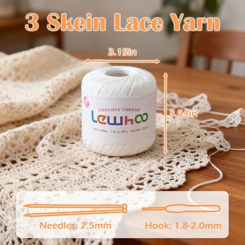 3 Pack Crochet Thread, 100% Cotton Size 3 Lace Yarn Set White - color: White