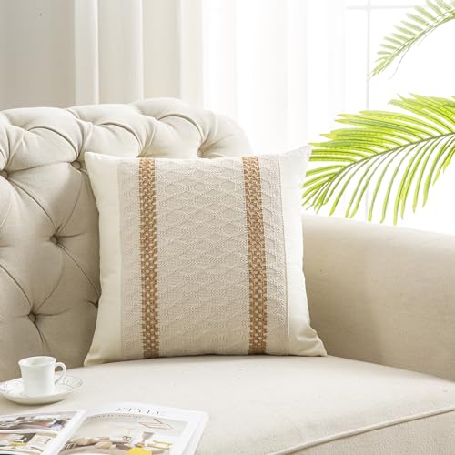 Throw Pillow Covers 16 x 16 Inch 1PC for Farmhouse Living Room, Cotton & Burlap Textured Striped Woven Boho Pillow Covers (Beige & Brown, Double Striped) - color: Double Striped, size: 16" x 16" (Pack of 1)