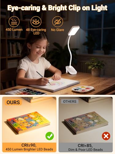 Clip on Light,45 Lighting Modes Rechargeable Desk Lamp with Clamp - color: White