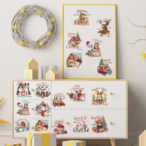Vintage Christmas Rub on Transfers for Crafts - Wxiben 16 Sheets Farmhouse Rub on Transfers for Furniture Highland Cow Reindeer Sheep Animal Rub on Transfer Stickers for Wood DIY Craft Home Decor - style: Farmhouse Christmas