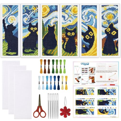 ORIGACH 6 Set Black Cat & Starry Night Cross Stitch Bookmark Kit - style: Black Cat & Starry Night