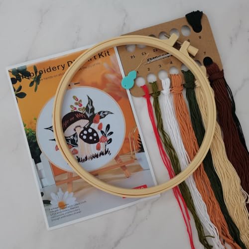 Esffaci Embroidery Starter Kit for Adult Beginner with Mushroom Plant Flower Pattern Hand Embroidery Set with Cloth Hoop Needle Threader Floss and Instruction - color: Mushroom