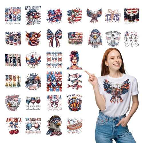 30Pcs 4th of July Dtf Transfers Ready to Press Floral Independence Day Iron on Transfers for Tshirts 250th Anniversary Transfer Vinyl Stickers for Clothing Pillows Bag DIY Crafts - color: Fourth of July