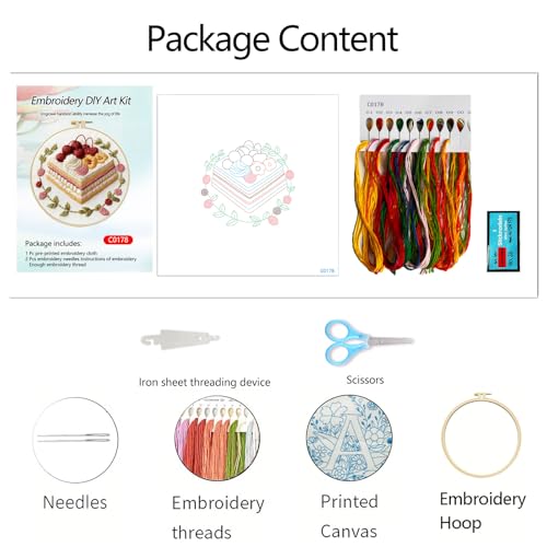 Zhenqing Cherry Mille Crepe Cake Embroidery Kit for Beginners, Pre-Printed 29x29cm Fabric with 20cm Hoop & Threads, Floral Cake Design for Home Decor(C0178)