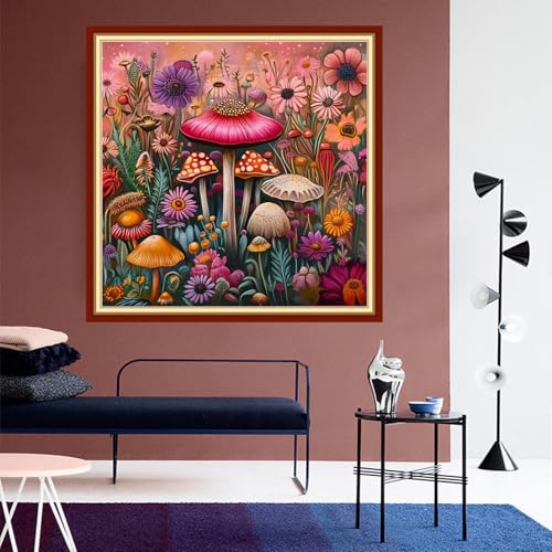 DMCVIVR Stamped Cross Stitch Kits for Beginners Adults Needlepoint Kits for Beginners Embroidery Kits for Adults Crossstitch Kit for Beginners 11CT-Colorful Mushroom Flowers 18x18 inchs - color: ColorNice08