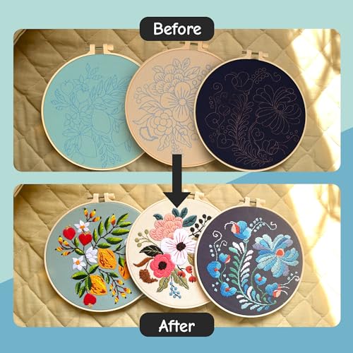 Colorful Flowers Embroidery Kit for Beginners – DIY Hand Embroidery Set with 3 Hoops, Stamped Patterns, Needles, Thread, Scissors – Floral Embroidery Kit for Adults, Teens, Women, Craft Lovers - color: Colorful Flowers