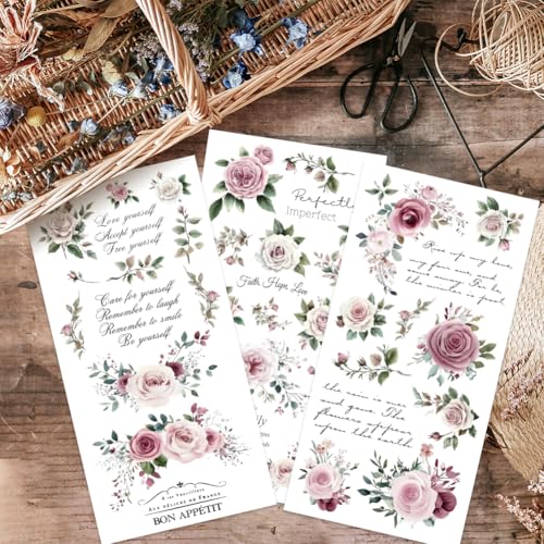 OLYCRAFT 3pcs/Set Purple Rose Rub on Transfers for Furniture and Crafts 6x12 inch Poetry Flowers Furniture Decals Floral Theme Transfer Stickers Rub on Decals for Wood Furniture Home Decor - style: Rose Poem