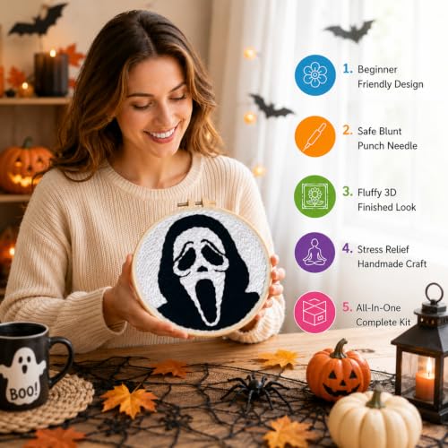 Punch Needle Kit for Beginners Adults-Grimace, with Embroidery Hoop - color: Punch Needle kit-Ghost Face
