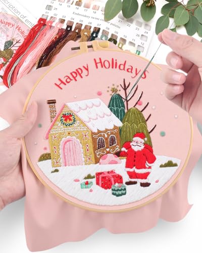 ERKOON Christmas Embroidery Kit for Beginners, Cross Stitch Set for Include Embroidery Cloth Hoops Threads for Craft Lover Hand Stitch with Embroidery Skill Techniques (Santa Claus) - color: Santa Claus