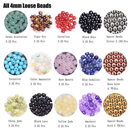 4mm Natural Mixed Materials Gemstones Beads and Brass Tiny Spacer Round Loose Beads Jewelry Making KIT with Thread and Needles 300PCS+300 PCS(12 Natural 3 Brass, 4mm) - color: 12 Natural 3 Brass, size: 4mm