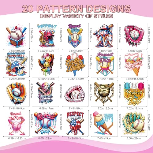 Wxiben Baseball Iron on Transfers for T-Shirts - 20 Pcs Baseball Sport Team Dtf Transfers Ready to Press Ice Cream Base Ball Transfer Vinyl Stickers Iron on Decals for Clothing Pillows Bag DIY Crafts - style: Baseball